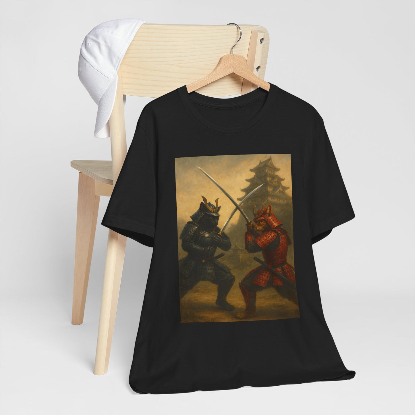Epic Cat Samurai Battle Tee - War Horses Clash in Front of Japanese Castle  Feline Warrior Art Shirt for Fantasy & Japan Lovers
