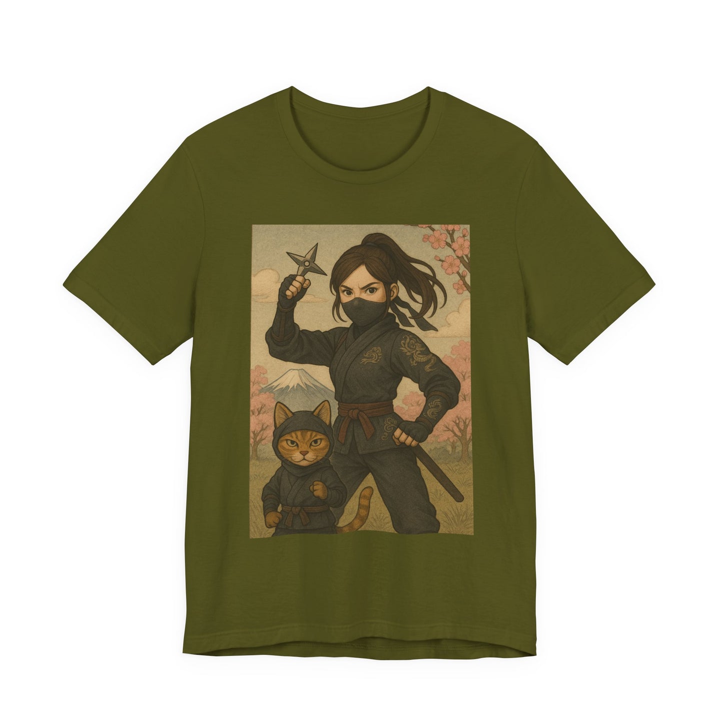 Ninja and Cat T-Shirt - Female Ninja in Black Outfit with Shuriken-Japanese Samurai Style, Mount Fuji, Cherry Blossoms-Cool Unisex Anime Tee