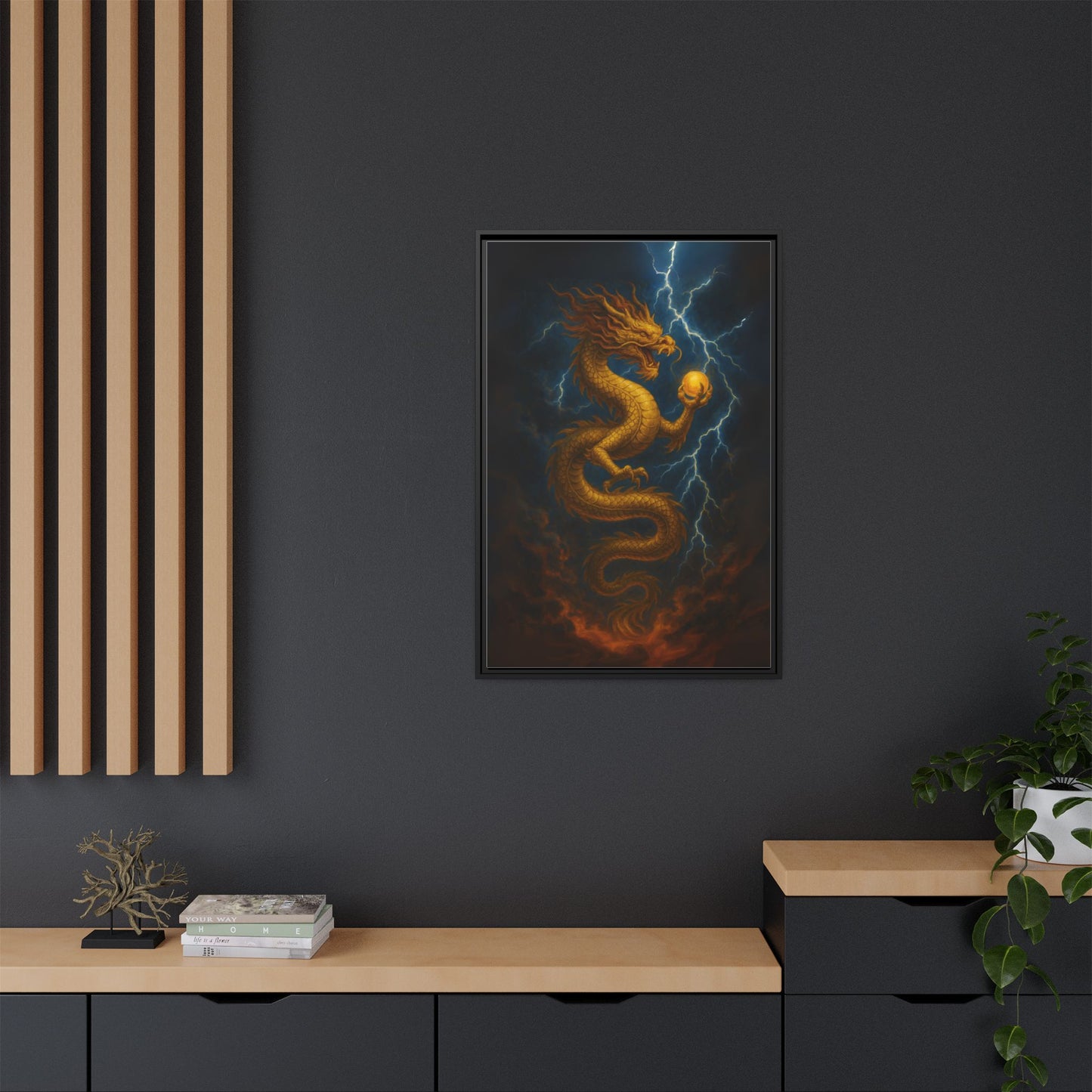 Golden Dragon Canvas Feng Shui Wall Art Lightning Storm Dragon with Pearl Good Luck Decor Gift for Dad Office Living Room