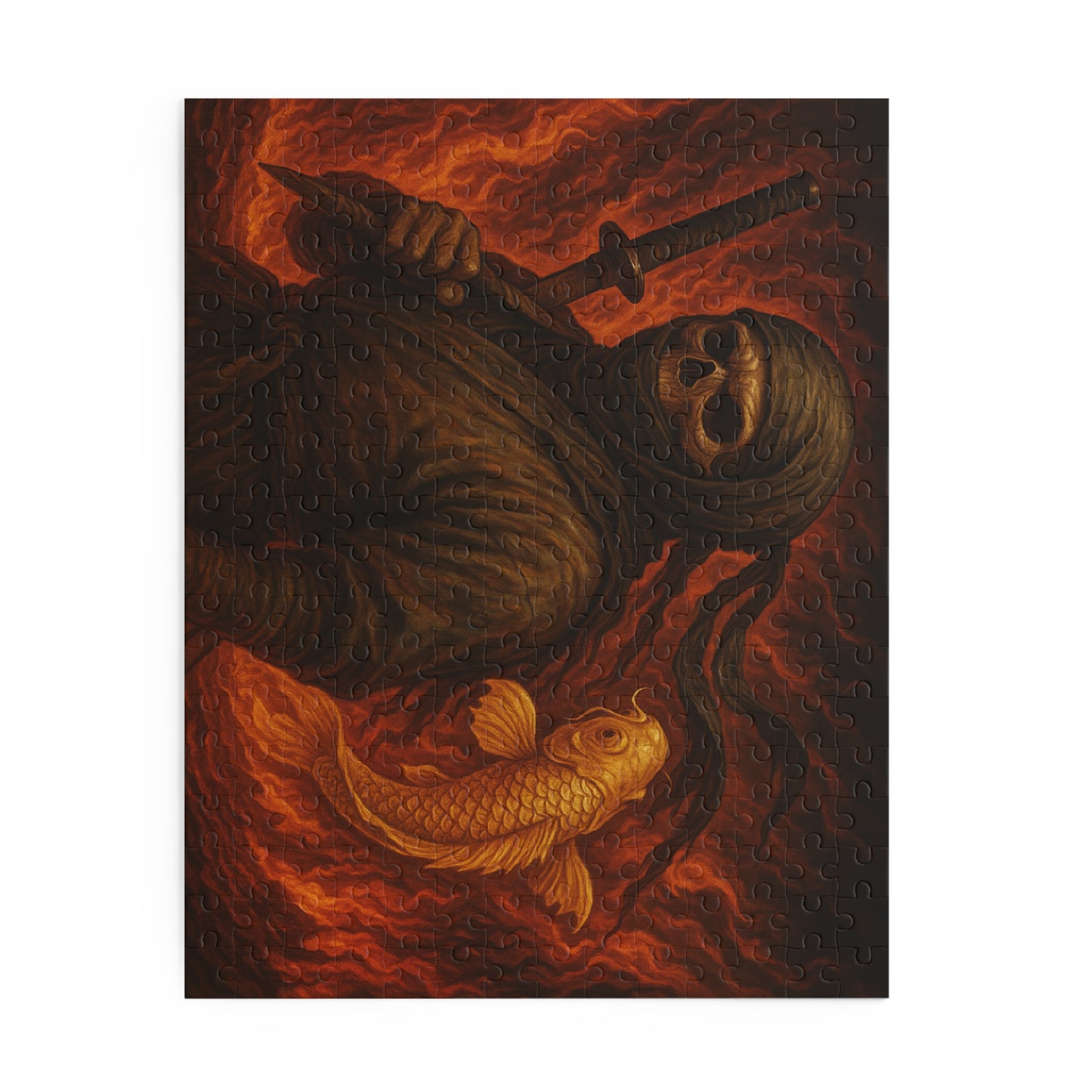 Dark Ninja Skull Puzzle-Gothic Japanese Horror Art, Golden Koi & Fire, High-Detail Mystery Warrior Jigsaw for Adults, Unique Gift Idea