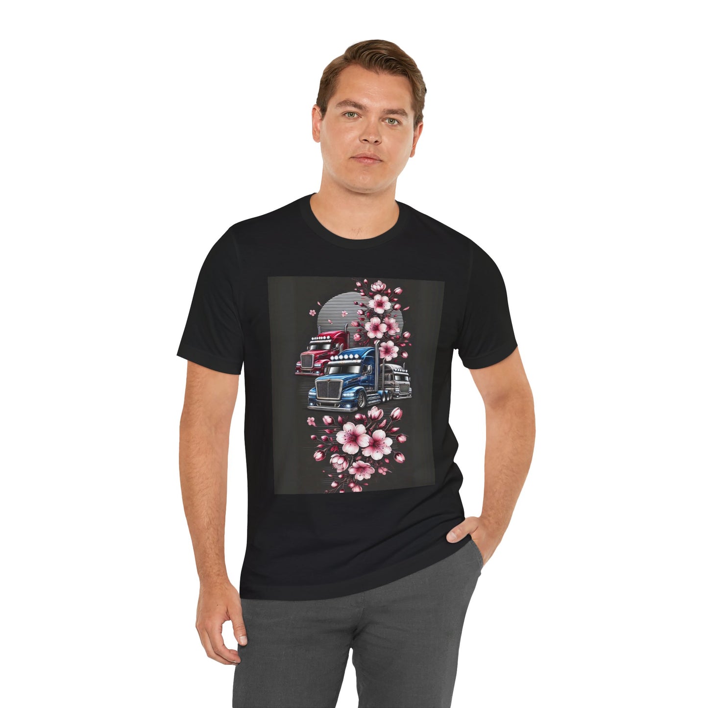 Cherry Blossom Convoy T-Shirt | Japanese Sakura x Modern Truck Art | Unique Graphic Tee for Drivers & Streetwear Lovers No.005