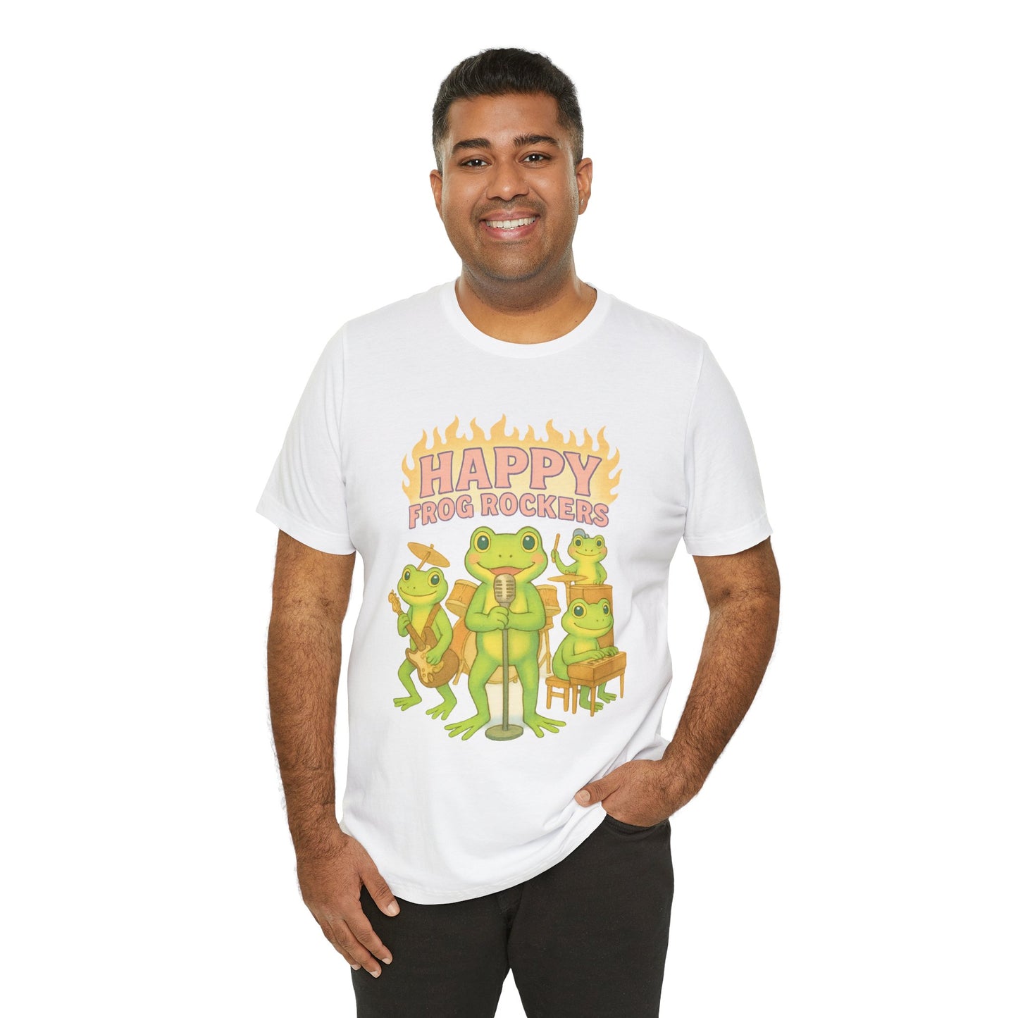 Happy Frog Rockers Album Cover Tee Cute Frog Band Shirt Vocal Guitar Piano Drums Pastel Art Gift for Music Lovers