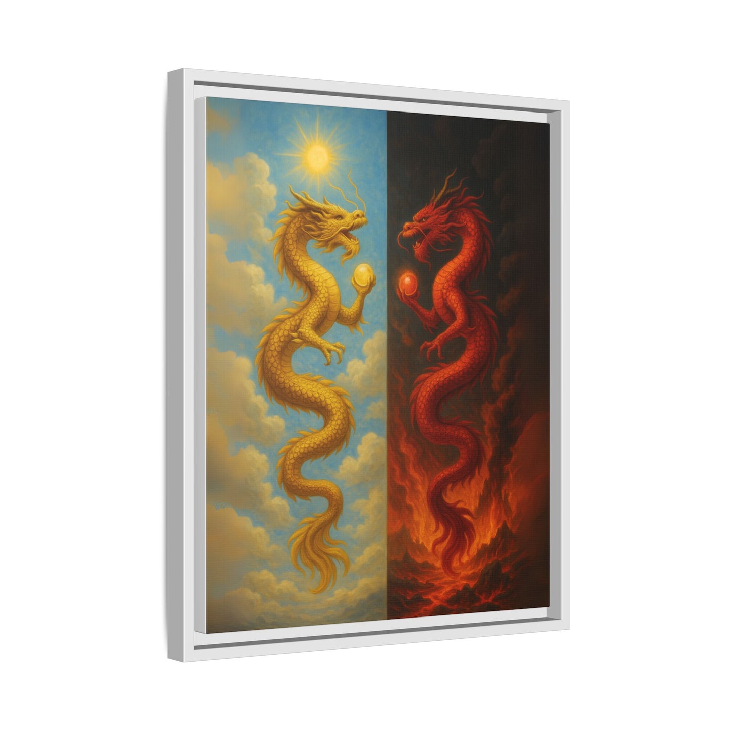 Heaven and Hell Twin Dragons Canvas Feng Shui Wall Art Gold and Red Dragon Pearls Sun and Fire Yin Yang Good Luck Decor Gift for Dad