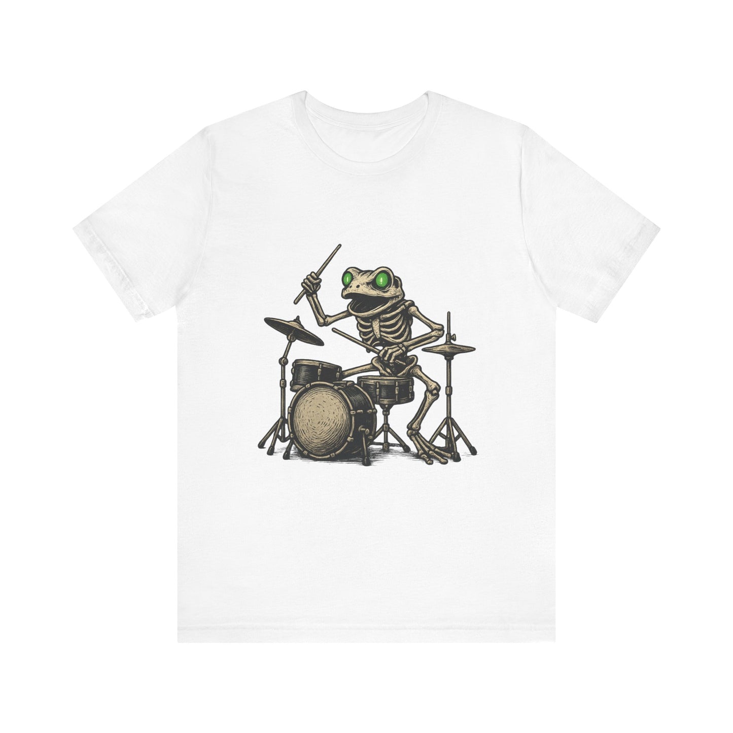 Skeleton Frog Drummer Shirt with Glowing Green Eyes Rock Band Art Tee for Musicians Frog Lovers Halloween and Concert Wear