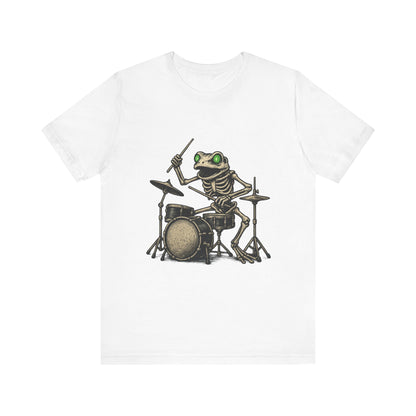 Skeleton Frog Drummer Shirt with Glowing Green Eyes Rock Band Art Tee for Musicians Frog Lovers Halloween and Concert Wear