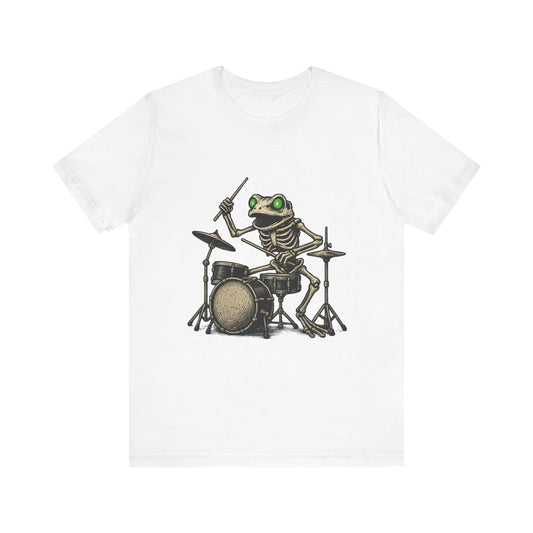 Skeleton Frog Drummer Shirt with Glowing Green Eyes Rock Band Art Tee for Musicians Frog Lovers Halloween and Concert Wear