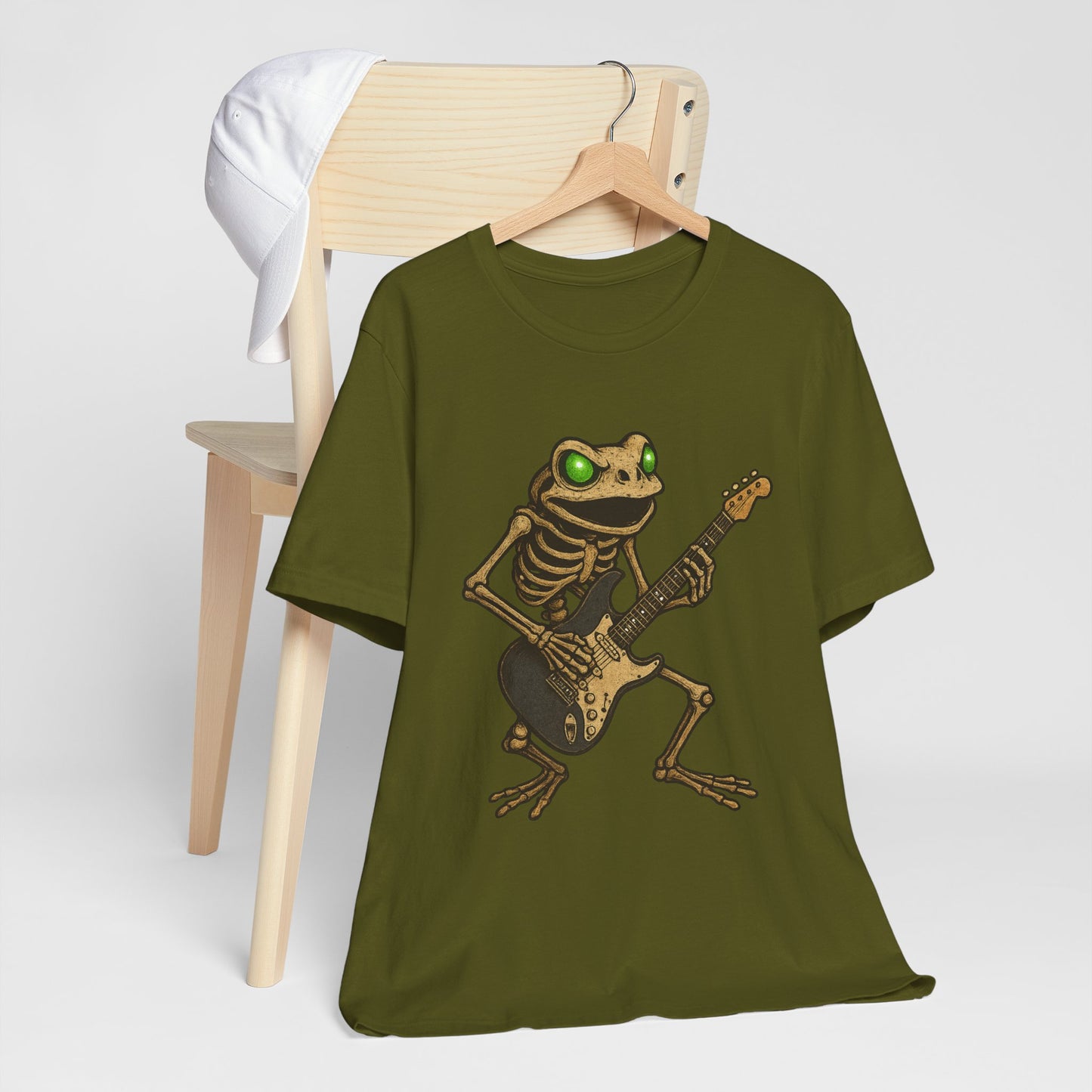Skeleton Frog Shredding Electric Guitar Tee - Glowing Green Eyes Rock Art Shirt for Musicians Frog Lovers and Gothic Punk Style