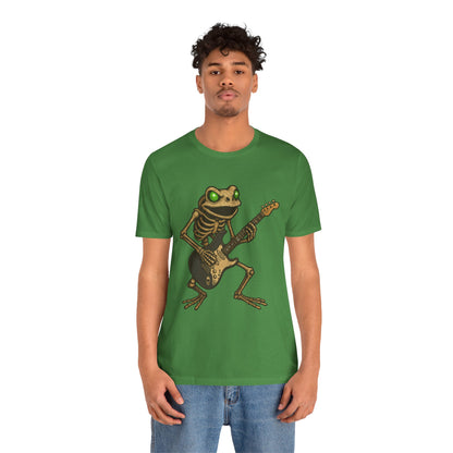 Skeleton Frog Shredding Electric Guitar Tee - Glowing Green Eyes Rock Art Shirt for Musicians Frog Lovers and Gothic Punk Style