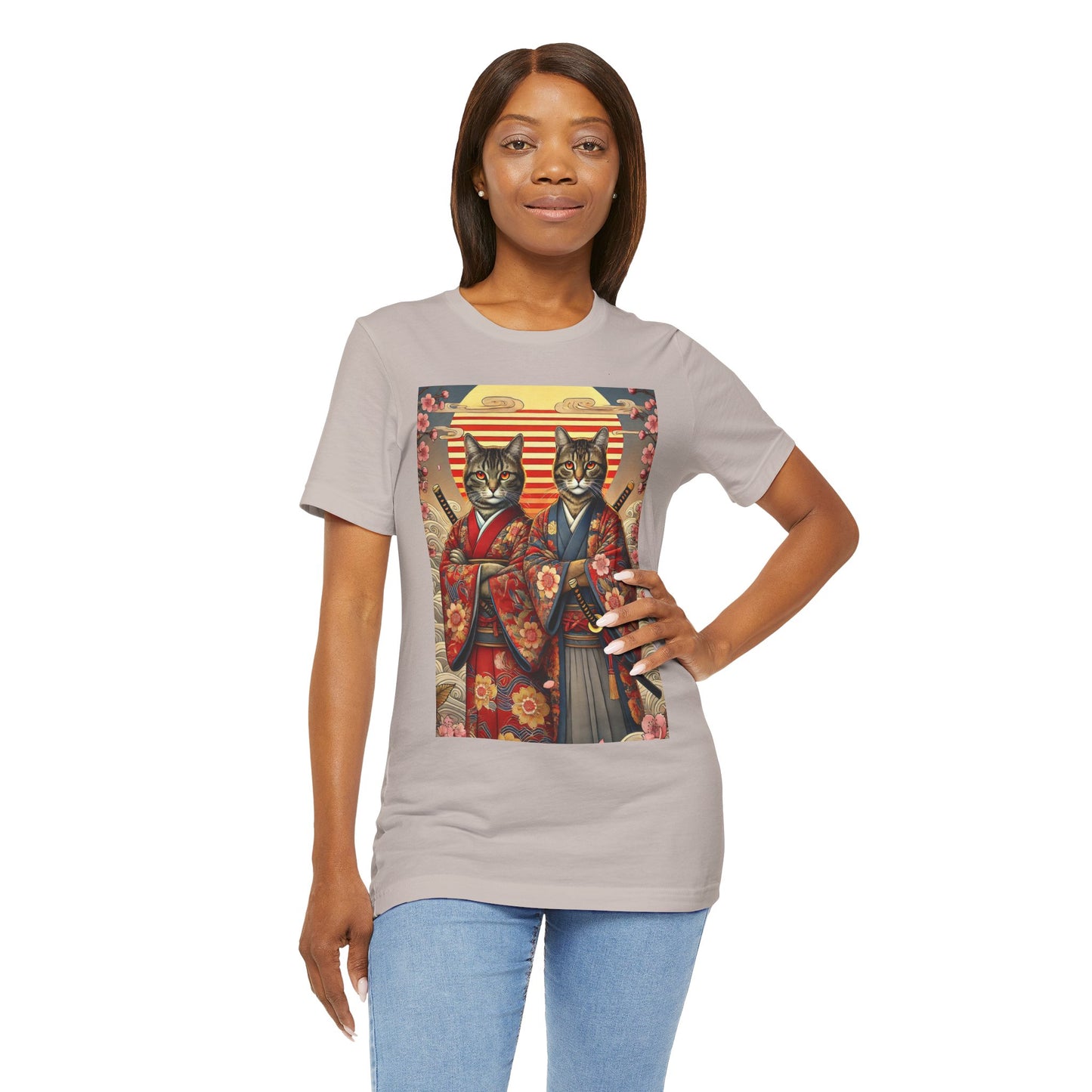 Samurai Cat T-Shirt - Floral Kimono Warrior with Katana | Japanese Ukiyo-e Style, Cherry Blossoms & Mount Fuji | Bold Cat Art Tee