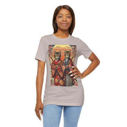 Samurai Cat T-Shirt - Floral Kimono Warrior with Katana | Japanese Ukiyo-e Style, Cherry Blossoms & Mount Fuji | Bold Cat Art Tee
