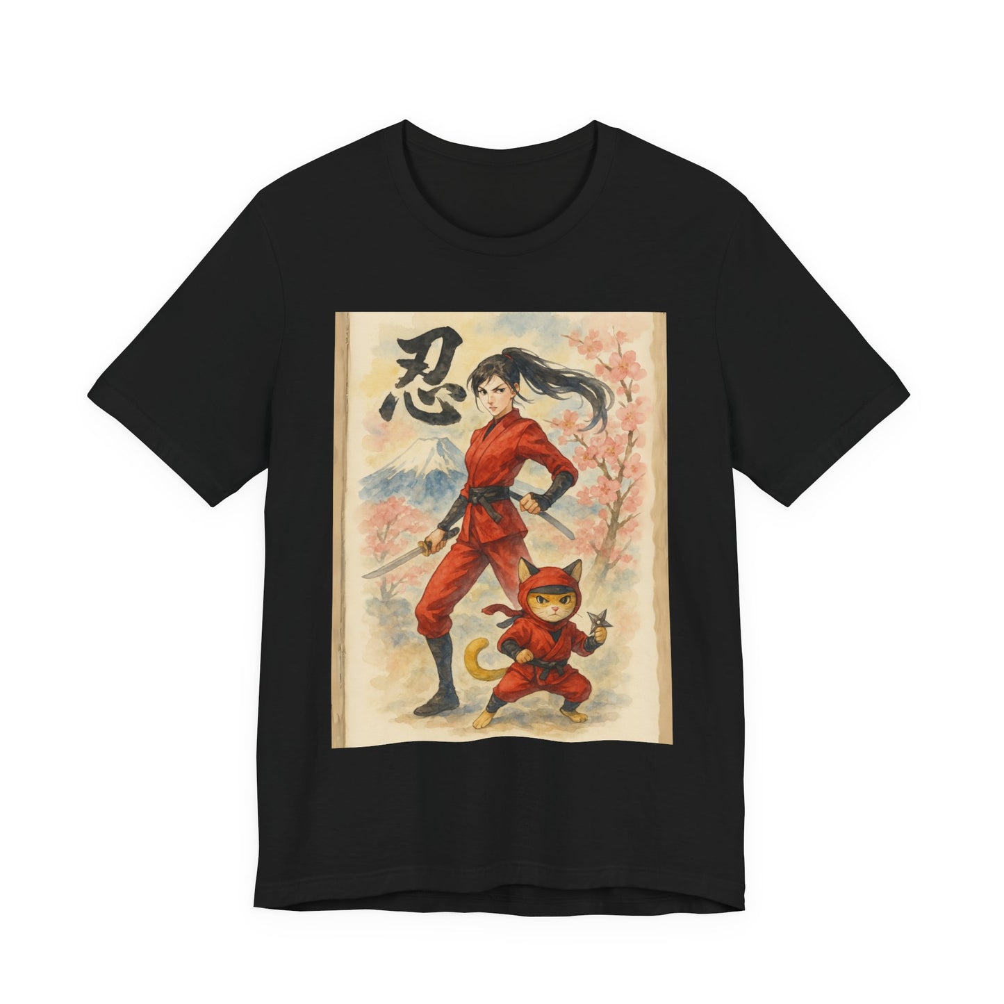Ninja and Cat Watercolor T-Shirt - Female Ninja in Red Outfit with Katana-Kanji Art, Mount Fuji, Cherry Blossoms - Cool Unise x Japanese Tee