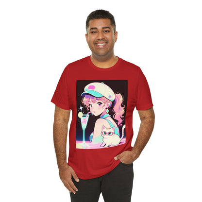 Retro Girl and Cat T Shirt Vaporwave Pastel Anime Shoujo Graphic Tee Neon Cocktail Aesthetic Kawaii Gift for Daughter or Dad Casual Streetwear