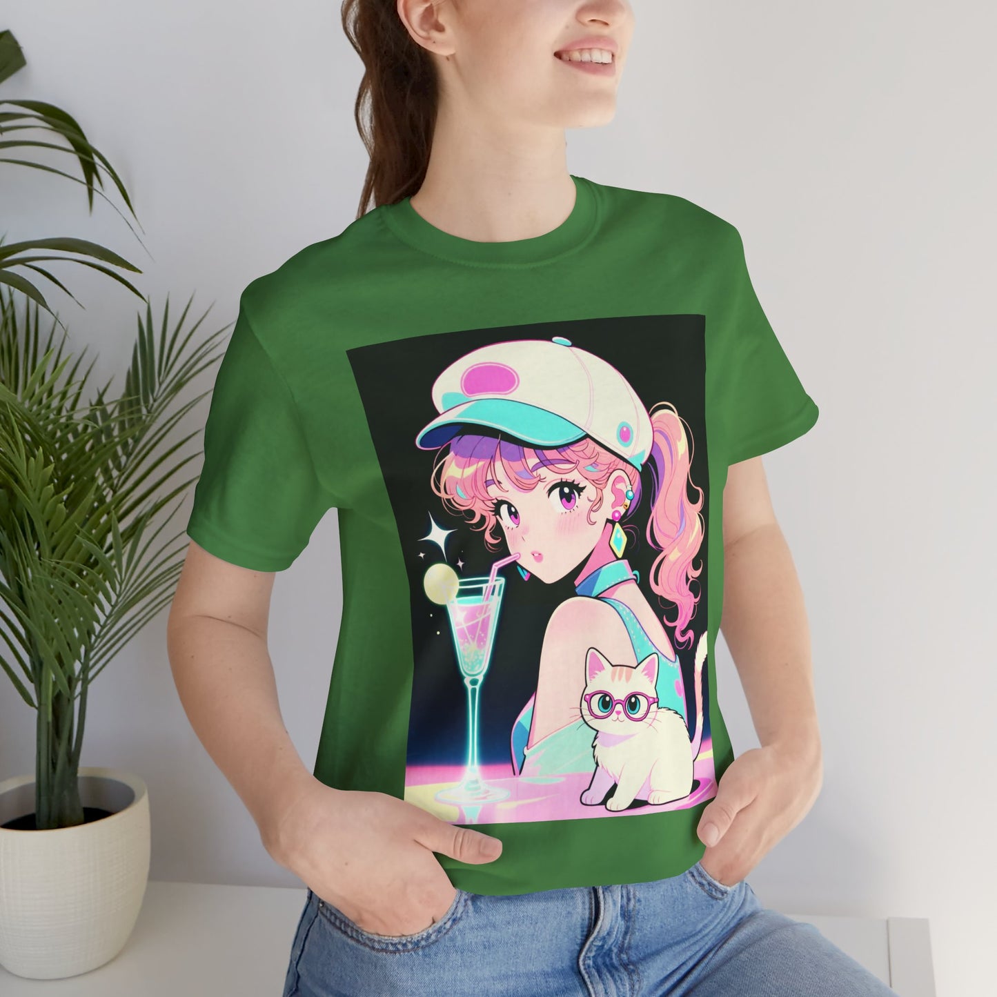 Retro Girl and Cat T Shirt Vaporwave Pastel Anime Shoujo Graphic Tee Neon Cocktail Aesthetic Kawaii Gift for Daughter or Dad Casual Streetwear