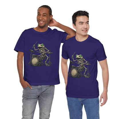 Skeleton Frog Drummer Shirt with Glowing Green Eyes Rock Band Art Tee for Musicians Frog Lovers Halloween and Concert Wear