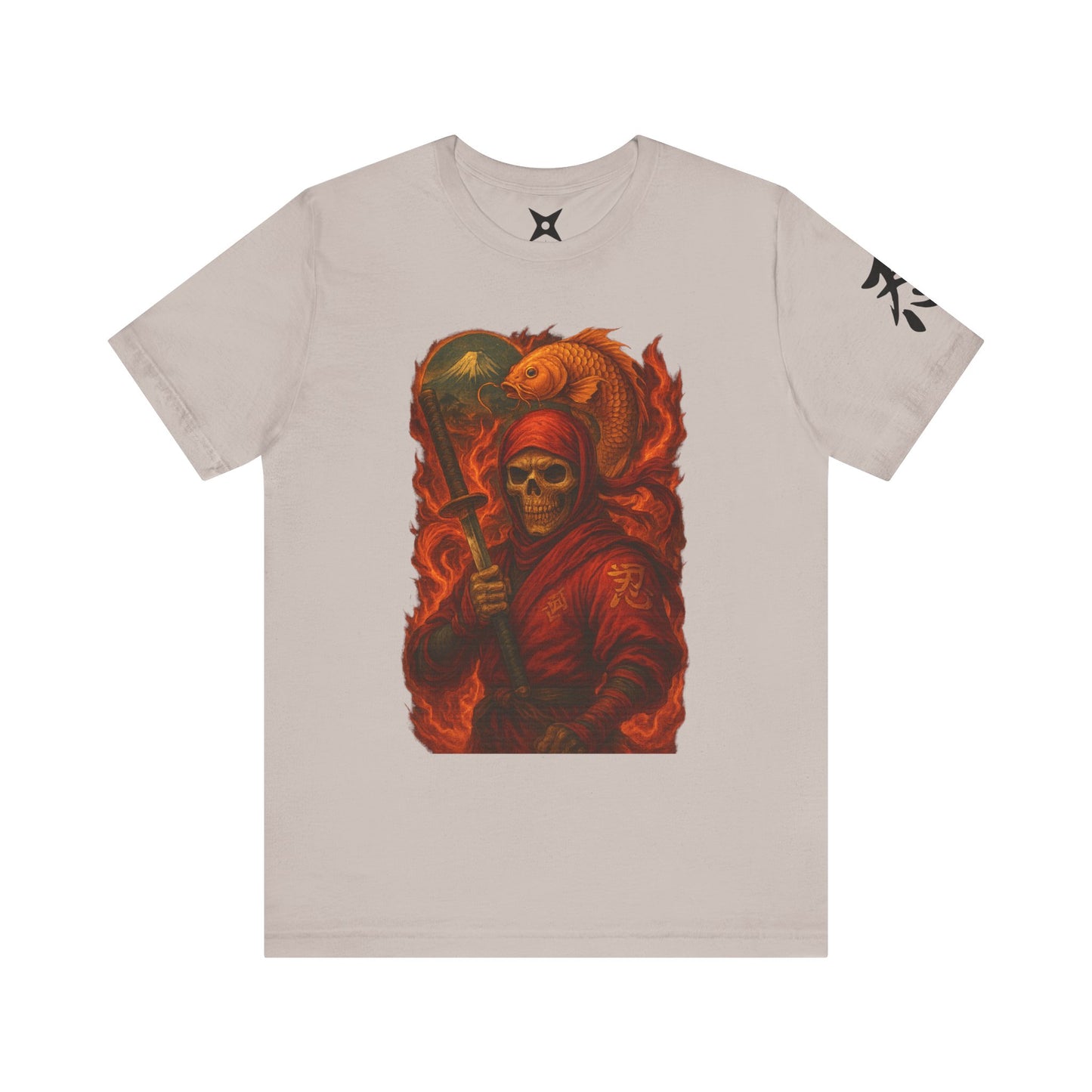 Dark Red Ninja Skull T-Shirt -Japanese Horror Art, Skeleton Ninja with Golden Koi, High-Detail Gothic Warrior Tee, Unisex Streetwear