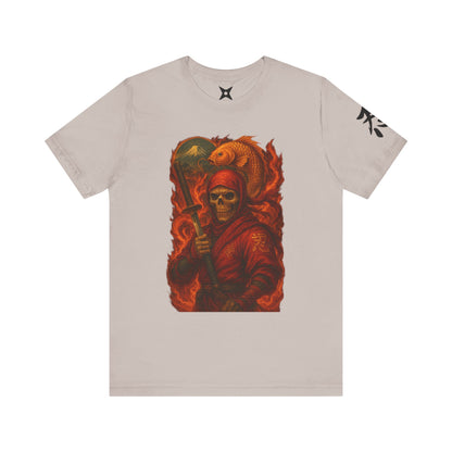 Dark Red Ninja Skull T-Shirt -Japanese Horror Art, Skeleton Ninja with Golden Koi, High-Detail Gothic Warrior Tee, Unisex Streetwear