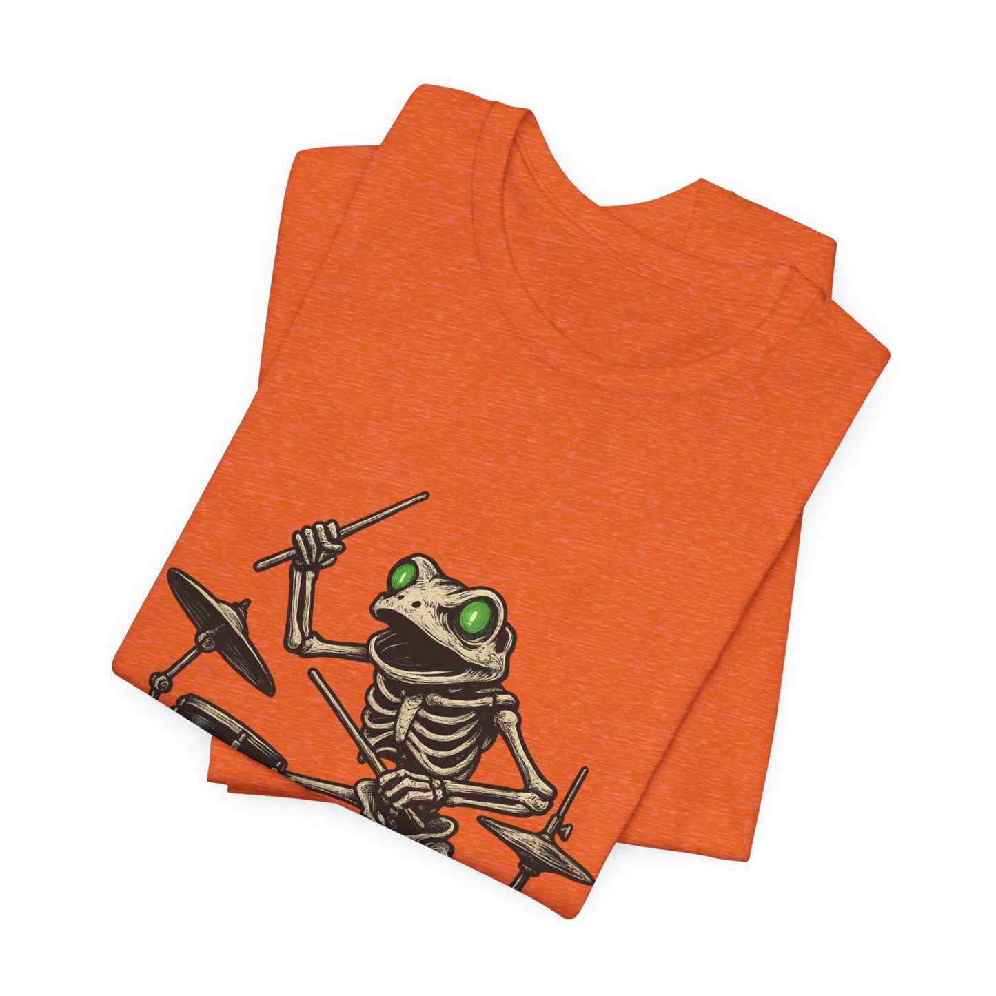 Skeleton Frog Drummer Shirt with Glowing Green Eyes Rock Band Art Tee for Musicians Frog Lovers Halloween and Concert Wear
