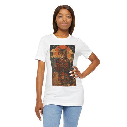 Samurai Cat T-Shirt - Floral Kimono Warrior with Katana | Japanese Ukiyo-e Style, Cherry Blossoms & Mount Fuji | Bold Cat Art Tee