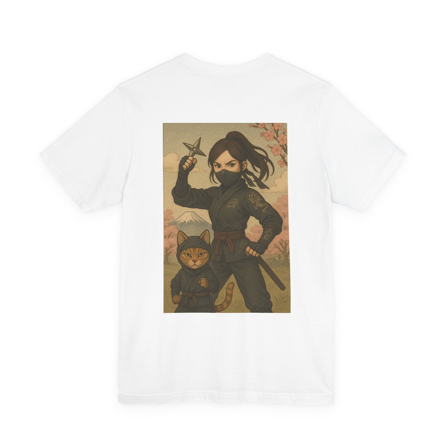 Ninja and Cat T-Shirt - Female Ninja in Black Outfit with Shuriken-Japanese Samurai Style, Mount Fuji, Cherry Blossoms-Cool Unisex Anime Tee