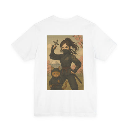 Ninja and Cat T-Shirt - Female Ninja in Black Outfit with Shuriken-Japanese Samurai Style, Mount Fuji, Cherry Blossoms-Cool Unisex Anime Tee