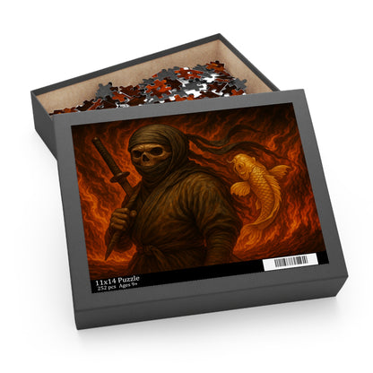 Dark Ninja Skull Puzzle-Gothic Japanese Horror Art, Golden Koi & Fire, High-Detail Mystery Warrior Jigsaw for Adults, Unique Gift Idea