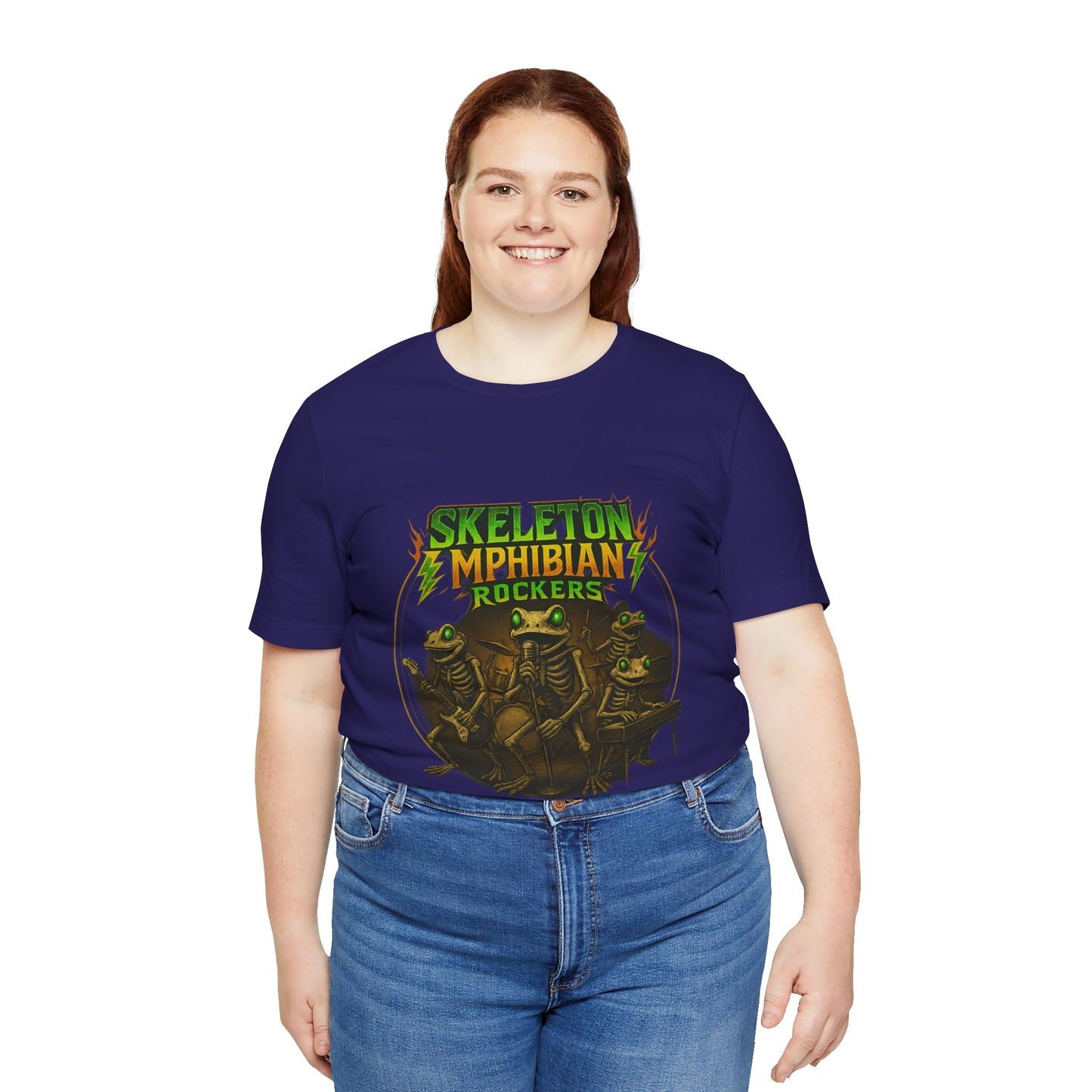 Skeleton Amphibian Rockers Album Cover Tee - Green Eyed Skeleton Frog Band Vocal Guitar Piano Drums Rock Art Shirt