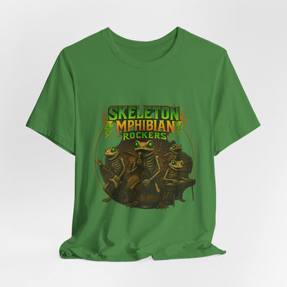 Skeleton Amphibian Rockers Album Cover Tee - Green Eyed Skeleton Frog Band Vocal Guitar Piano Drums Rock Art Shirt