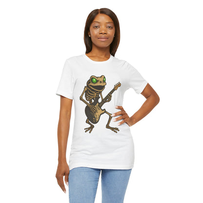 Skeleton Frog Shredding Electric Guitar Tee - Glowing Green Eyes Rock Art Shirt for Musicians Frog Lovers and Gothic Punk Style