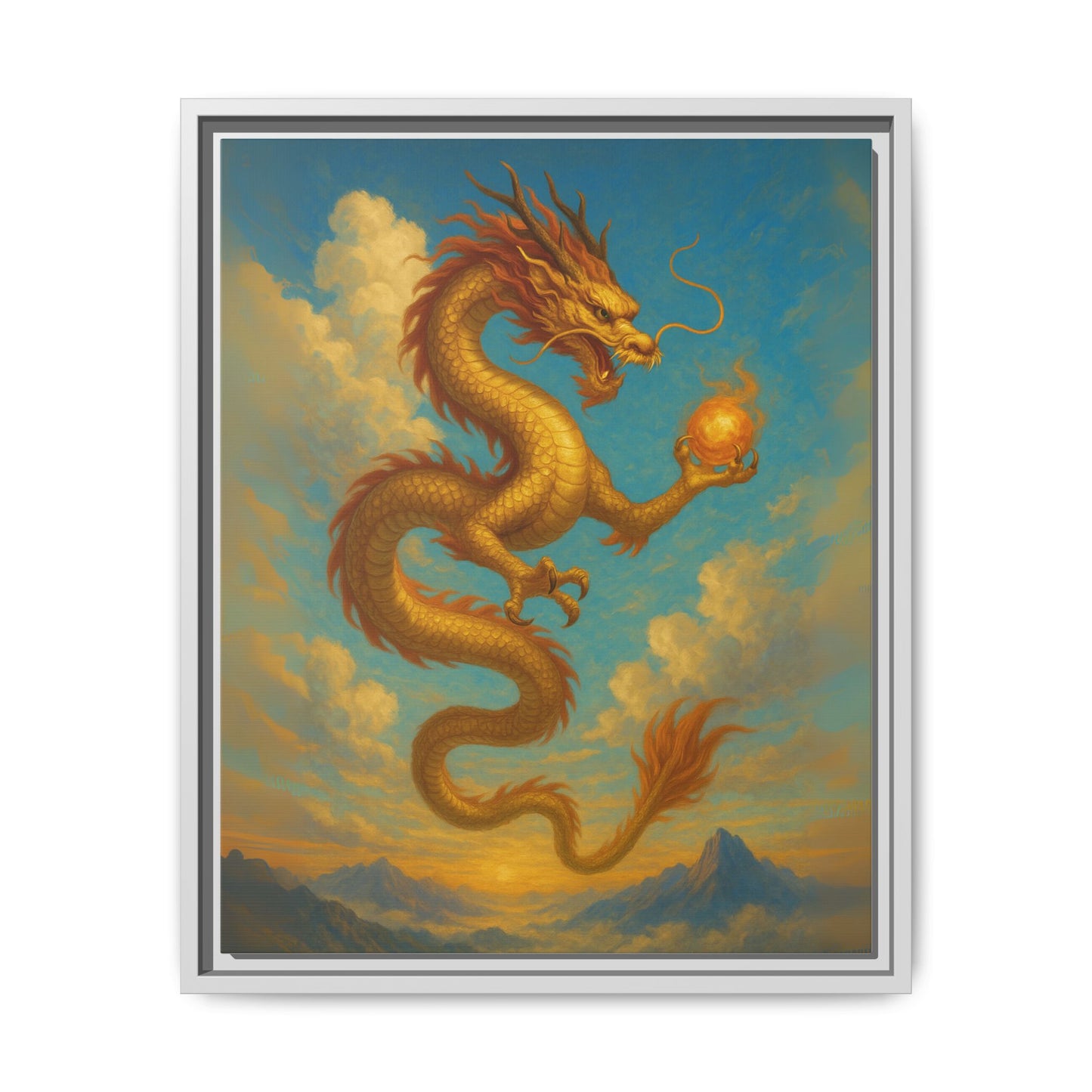 Golden Dragon Canvas Feng Shui Wall Art Asian Myth Painting Sky Cloud Mountain Good Luck Decor Gift for Dad Living Room Office