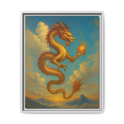 Golden Dragon Canvas Feng Shui Wall Art Asian Myth Painting Sky Cloud Mountain Good Luck Decor Gift for Dad Living Room Office