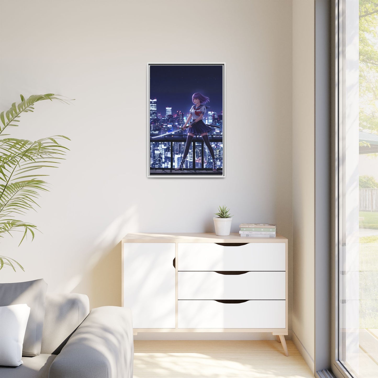 Anime Warrior Girl Canvas Tokyo Night Skyline Katana Wall Art Futuristic Heroine Gift for Daughter or Dad Gaming Room Decor