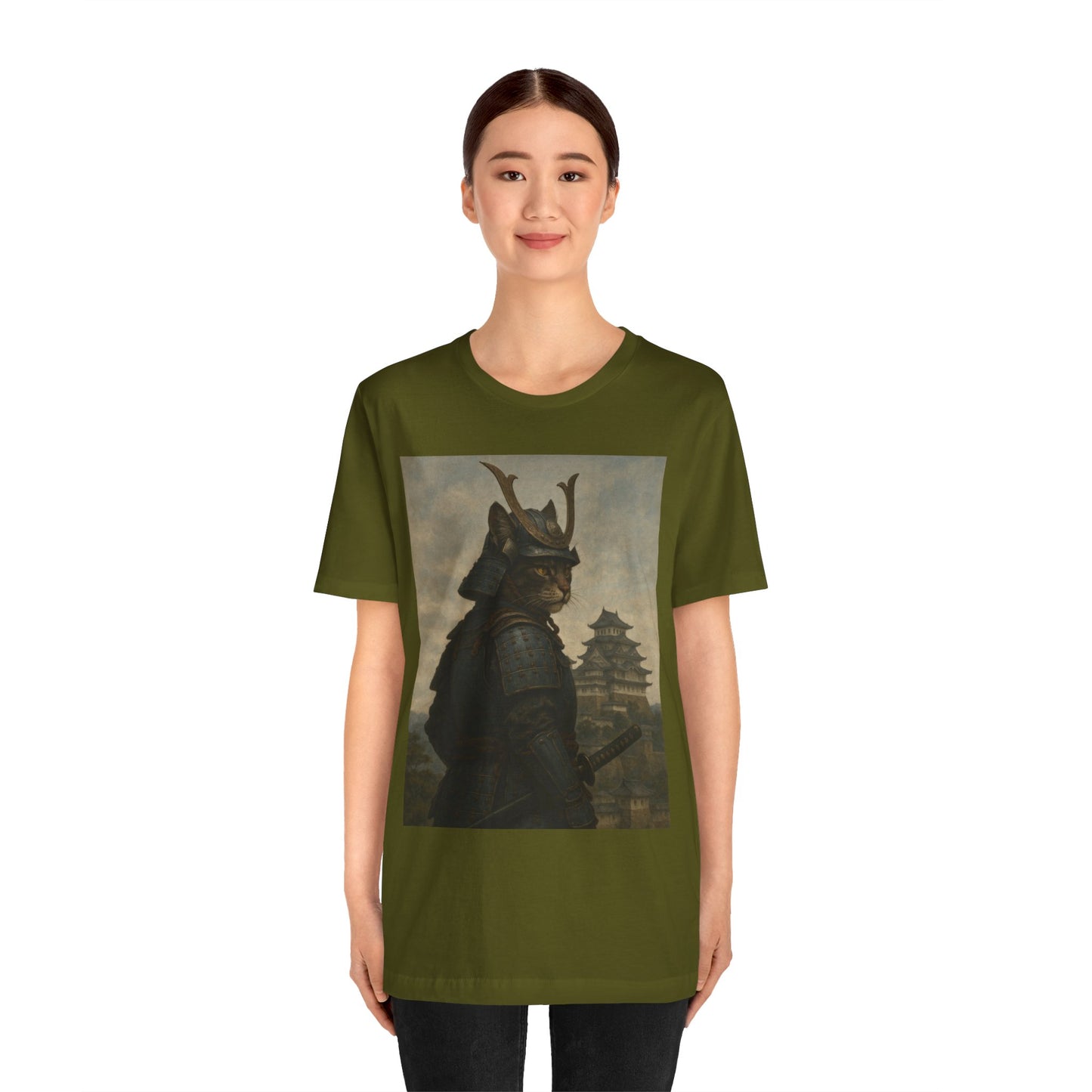 Cat Samurai Vigil Tee | Armored Feline Warrior w/ Castle Backdrop | Japanese Art Unisex Shirt