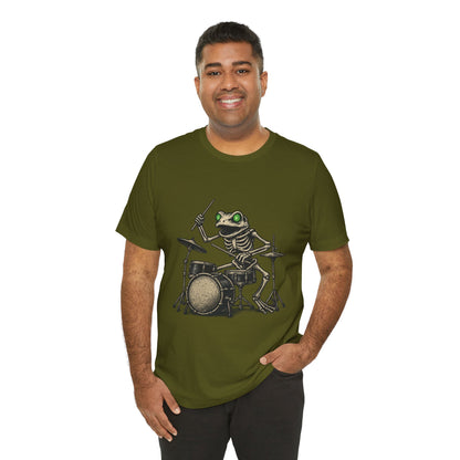 Skeleton Frog Drummer Shirt with Glowing Green Eyes Rock Band Art Tee for Musicians Frog Lovers Halloween and Concert Wear