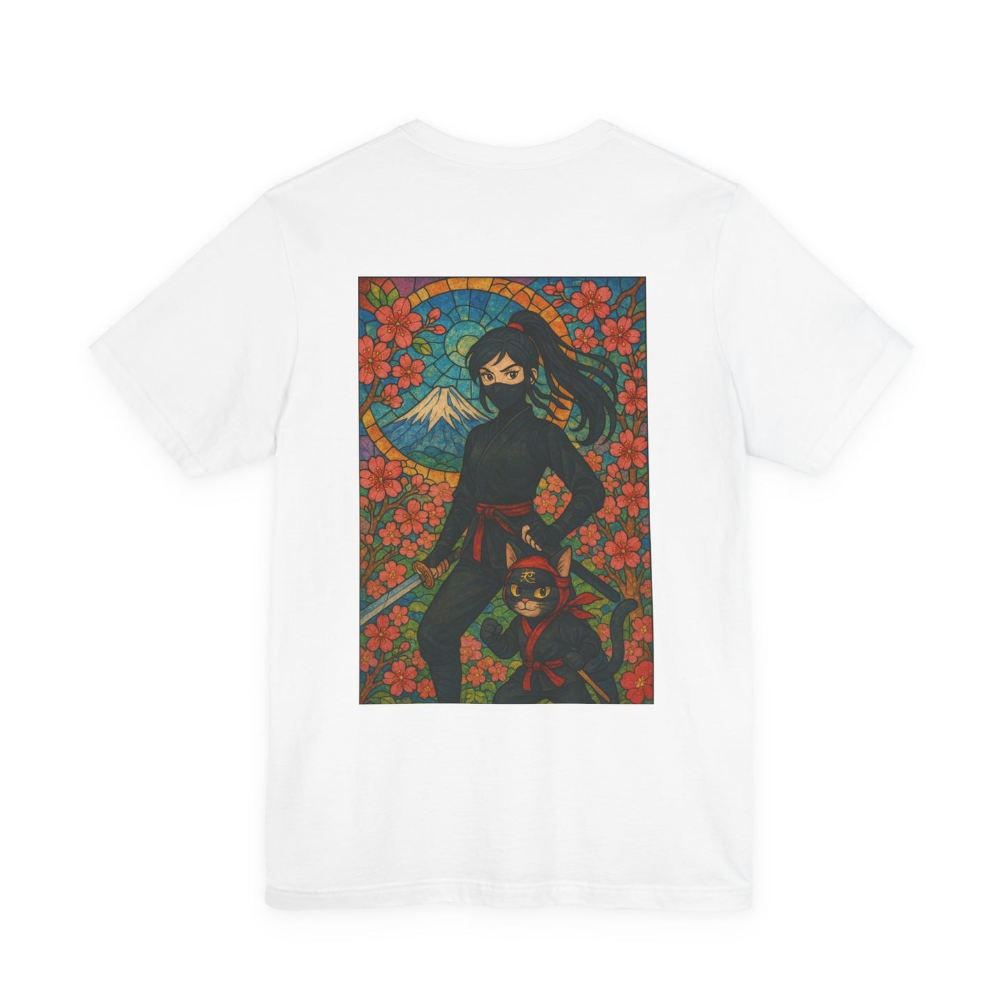 Ninja and Cat T-Shirt - Female Ninja in Black Outfit with Shuriken-Japanese Samurai Style, Mount Fuji, Cherry Blossoms-Cool Unisex Anime Tee