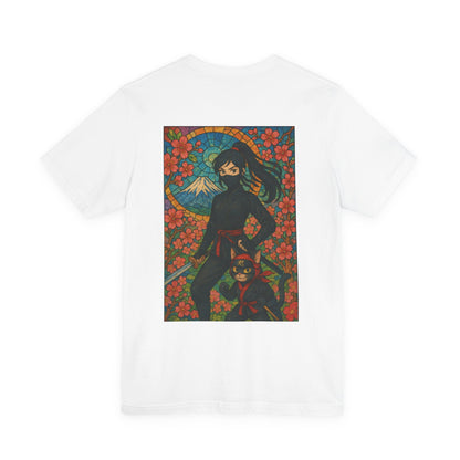 Ninja and Cat T-Shirt - Female Ninja in Black Outfit with Shuriken-Japanese Samurai Style, Mount Fuji, Cherry Blossoms-Cool Unisex Anime Tee