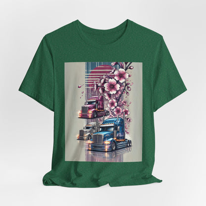 Cherry Blossom Convoy T-Shirt | Japanese Sakura x Modern Truck Art | Unique Graphic Tee for Drivers & Streetwear Lovers No.004