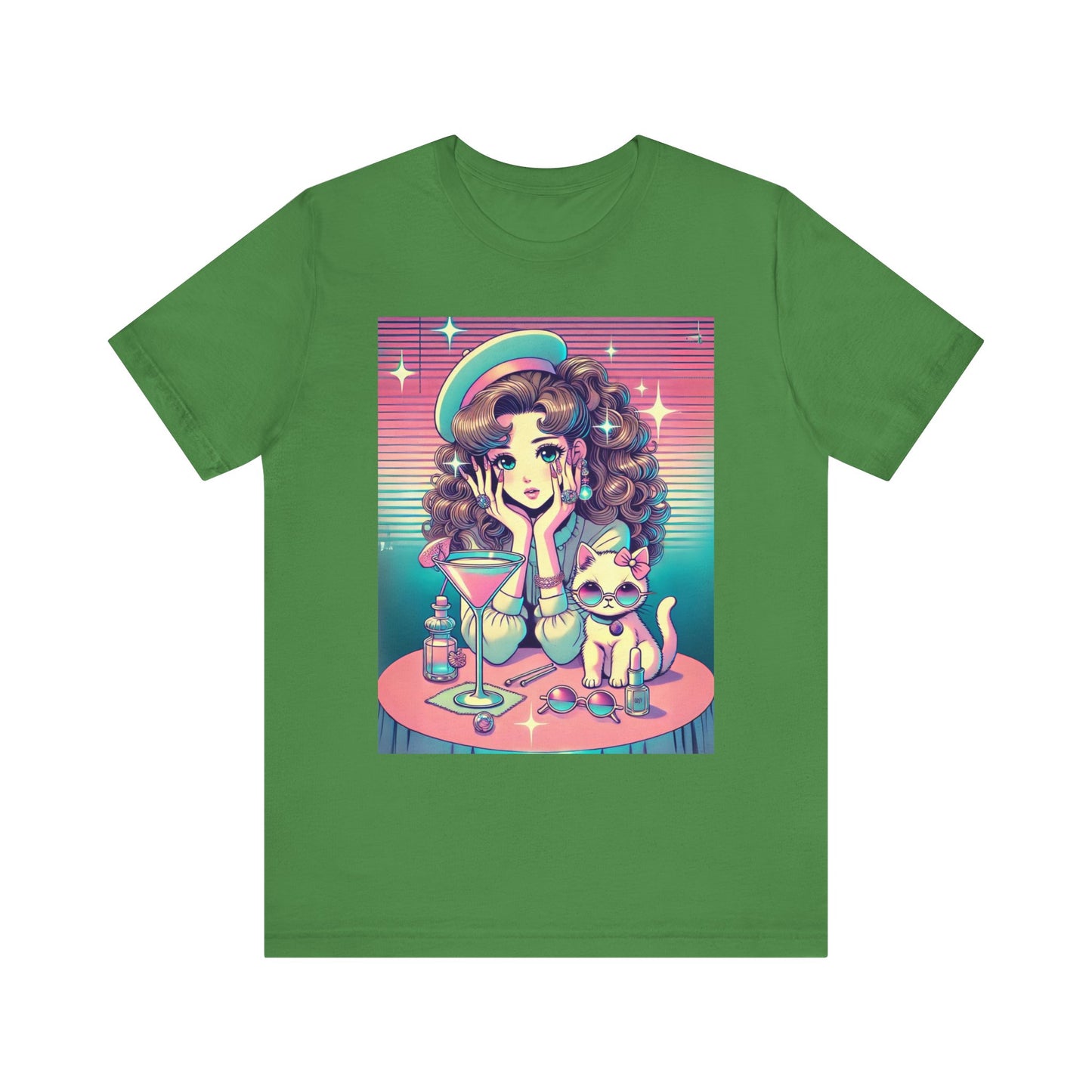 Retro Girl and Cat Graphic Tee Vaporwave Pastel Aesthetic Cocktail Lounge 80s Inspired Shoujo Style T Shirt Gift for Daughter or Dad