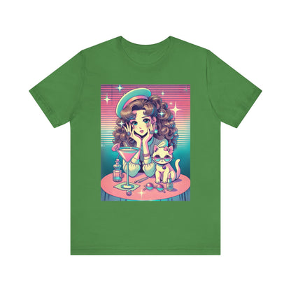 Retro Girl and Cat Graphic Tee Vaporwave Pastel Aesthetic Cocktail Lounge 80s Inspired Shoujo Style T Shirt Gift for Daughter or Dad