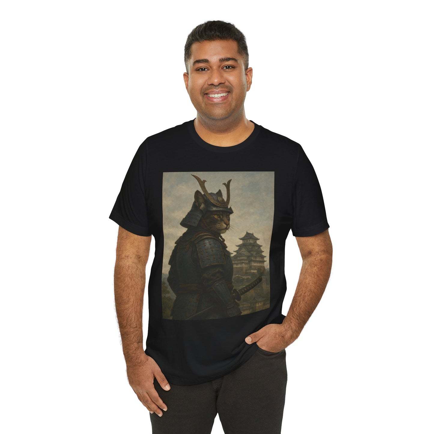 Cat Samurai Vigil Tee | Armored Feline Warrior w/ Castle Backdrop | Japanese Art Unisex Shirt