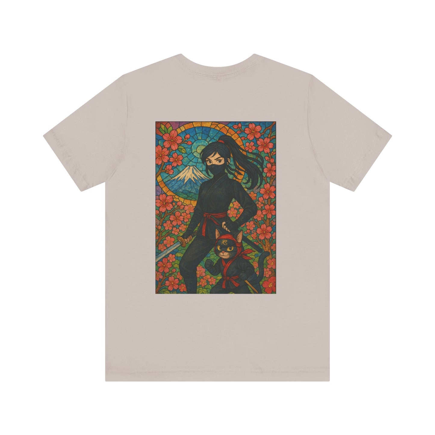 Ninja and Cat T-Shirt - Female Ninja in Black Outfit with Shuriken-Japanese Samurai Style, Mount Fuji, Cherry Blossoms-Cool Unisex Anime Tee