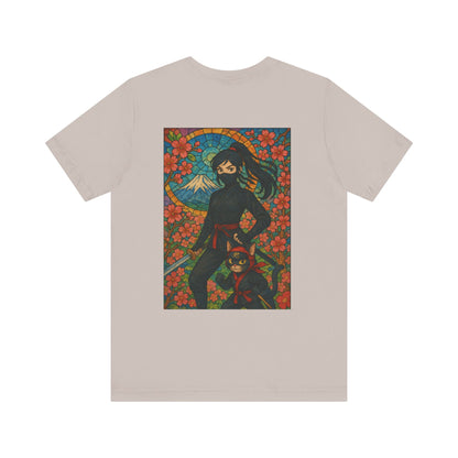 Ninja and Cat T-Shirt - Female Ninja in Black Outfit with Shuriken-Japanese Samurai Style, Mount Fuji, Cherry Blossoms-Cool Unisex Anime Tee
