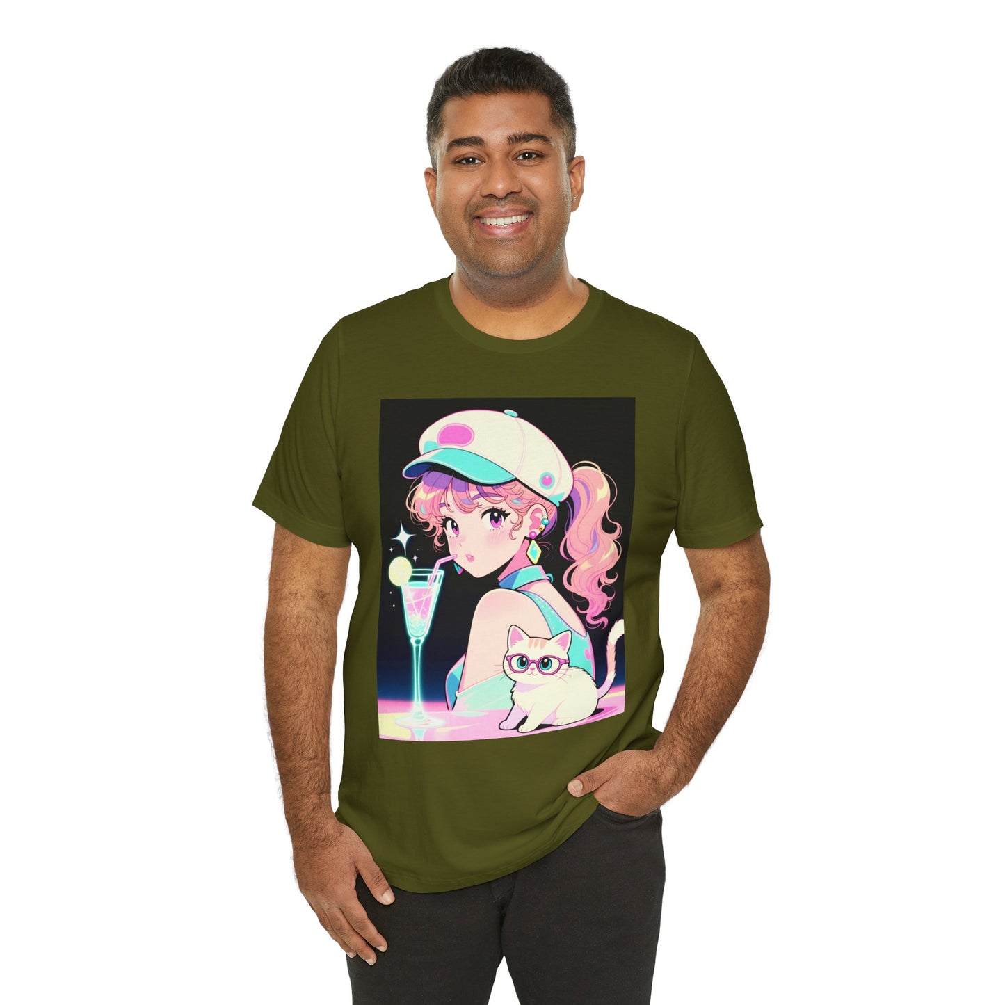 Retro Girl and Cat T Shirt Vaporwave Pastel Anime Shoujo Graphic Tee Neon Cocktail Aesthetic Kawaii Gift for Daughter or Dad Casual Streetwear