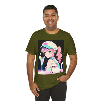 Retro Girl and Cat T Shirt Vaporwave Pastel Anime Shoujo Graphic Tee Neon Cocktail Aesthetic Kawaii Gift for Daughter or Dad Casual Streetwear