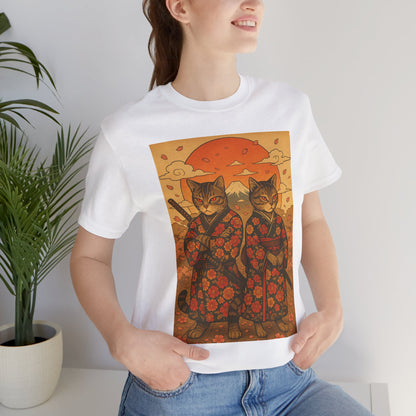 Samurai Cat T-Shirt - Floral Kimono Warrior with Katana | Japanese Ukiyo-e Style, Cherry Blossoms & Mount Fuji | Bold Cat Art Tee