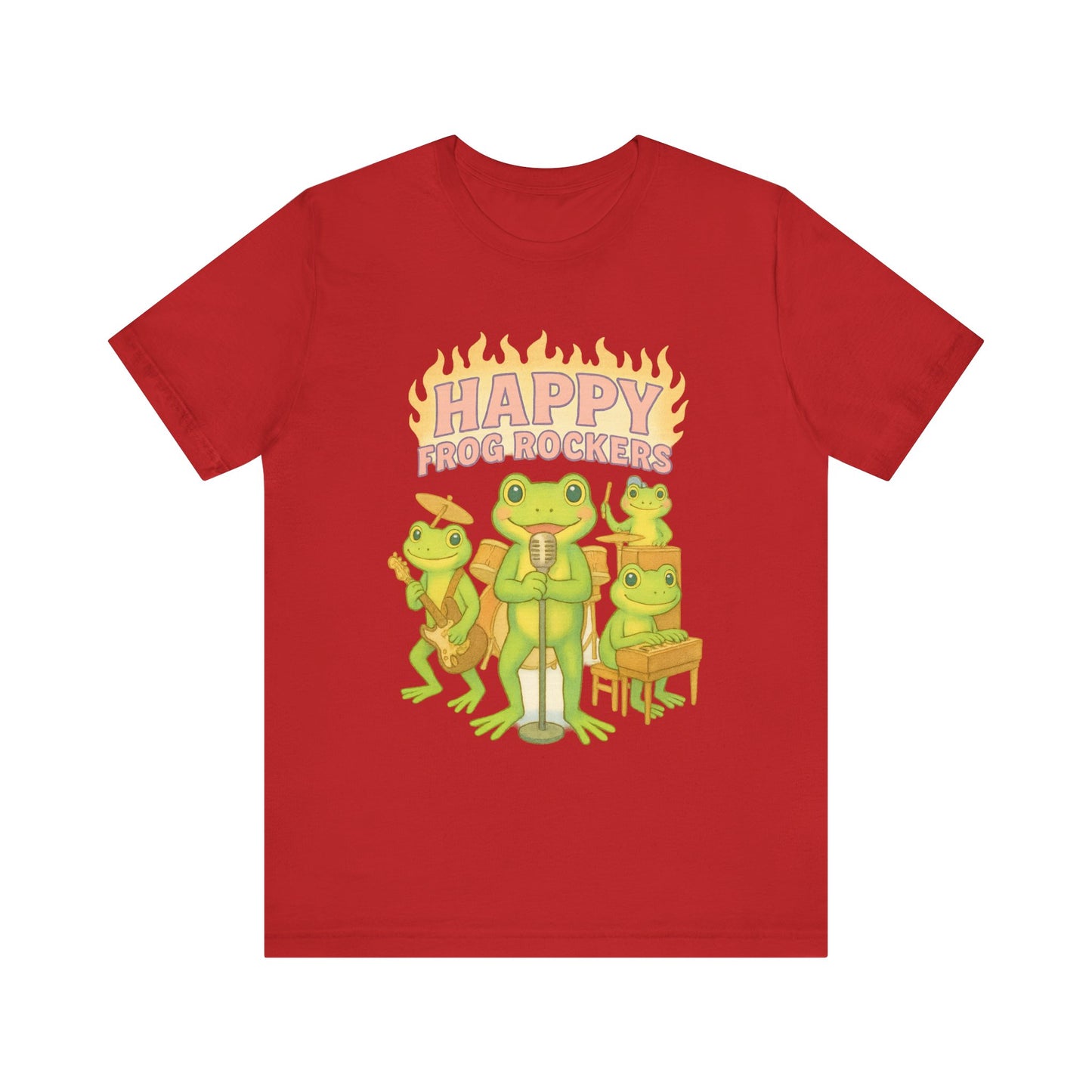 Happy Frog Rockers Album Cover Tee Cute Frog Band Shirt Vocal Guitar Piano Drums Pastel Art Gift for Music Lovers