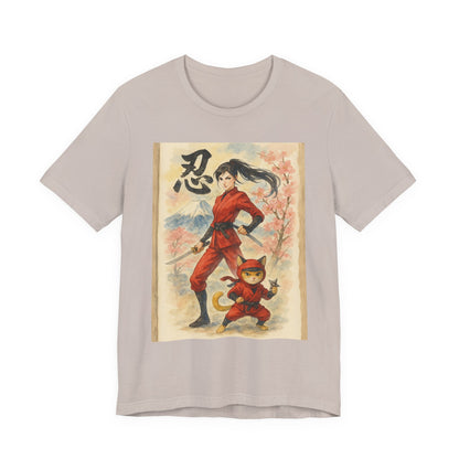 Ninja and Cat Watercolor T-Shirt - Female Ninja in Red Outfit with Katana-Kanji Art, Mount Fuji, Cherry Blossoms - Cool Unise x Japanese Tee