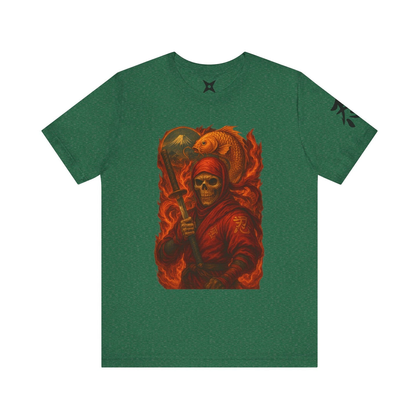 Dark Red Ninja Skull T-Shirt -Japanese Horror Art, Skeleton Ninja with Golden Koi, High-Detail Gothic Warrior Tee, Unisex Streetwear