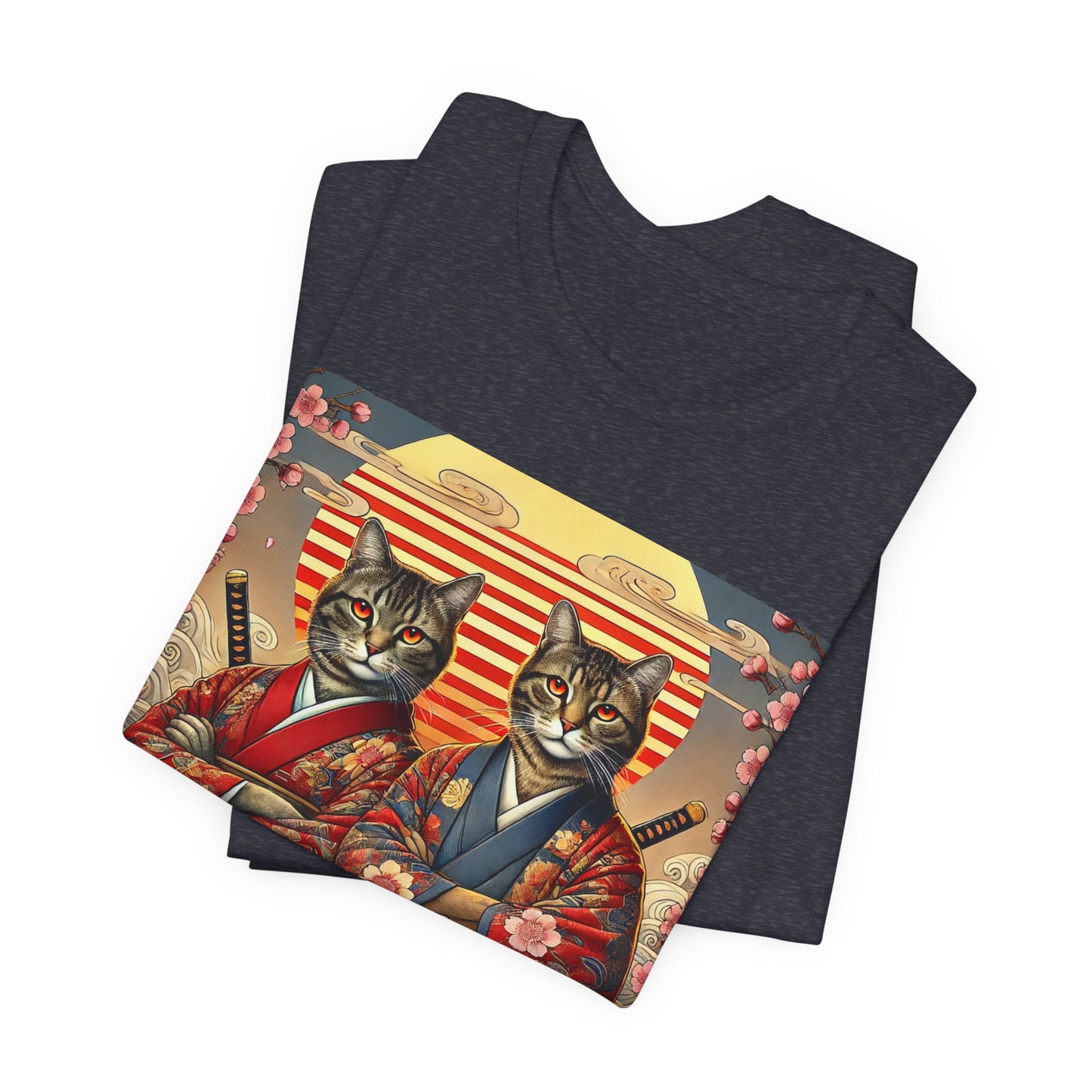 Samurai Cat T-Shirt - Floral Kimono Warrior with Katana | Japanese Ukiyo-e Style, Cherry Blossoms & Mount Fuji | Bold Cat Art Tee