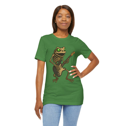 Skeleton Frog Shredding Electric Guitar Tee - Glowing Green Eyes Rock Art Shirt for Musicians Frog Lovers and Gothic Punk Style