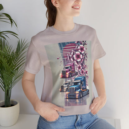 Cherry Blossom Convoy T-Shirt | Japanese Sakura x Modern Truck Art | Unique Graphic Tee for Drivers & Streetwear Lovers No.004